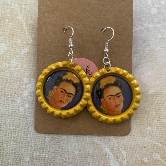 Frida Kahlo. handcrafted bottle Cap Earrings - Picture 7 of 14